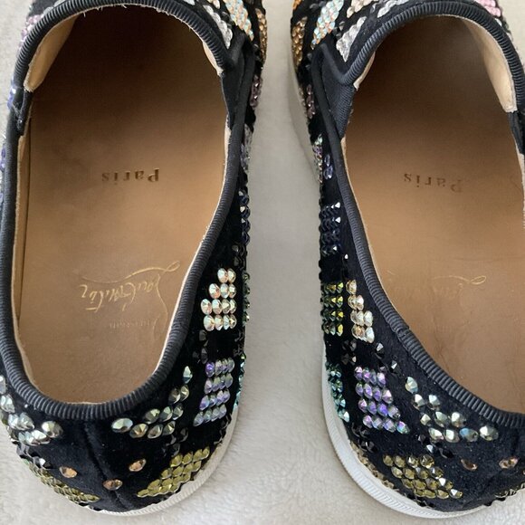 Christian Louboutin Multicolor Crystal Sneakers 7.5 Ladies Black Boat Roller - Picture 13 of 14